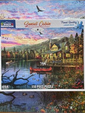 White Mountain Sunset Cabin Puzzle in Pink, Blue, Green and Brown 550 Pieces EUC